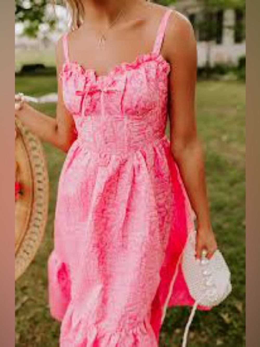 B. Right boutique large Pink Floral Sundress Ruffle Hem babydoll bodice midi